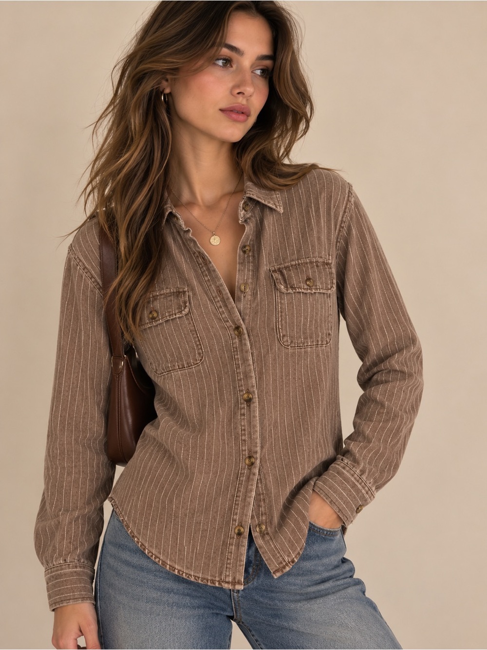 Sunday Edition Brown Pinstripe Oversized Barn Shacket Jacket NWT Size Large - Picture 2 of 3